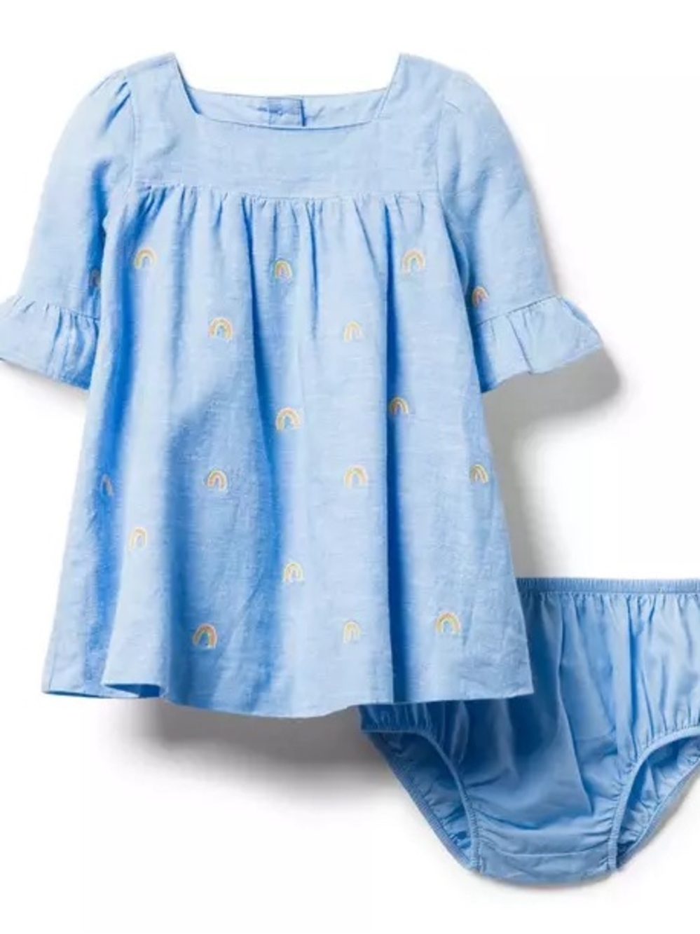 Janie and Jack Blue Rainbow-Embroidered Cotton Dress with Bloomers